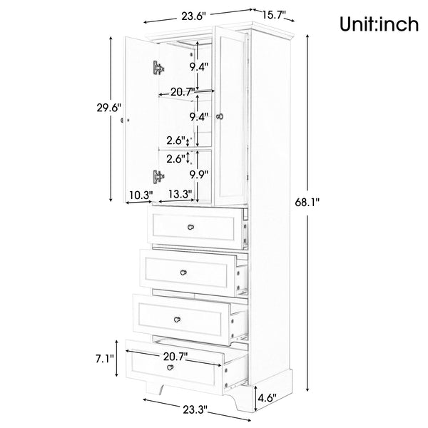 English Elm Storage Cabinet with 2 Doors and 4 Drawers, Slim MDF Organizer with Adjustable Shelf, Anti-Tip Safety White WF302825AAK
