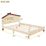 English Elm Full Size Wood Platform Bed With House-Shaped Headboard and Motion Activated Night Lights (Cream+Walnut)