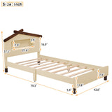 English Elm Twin Size Wood Platform Bed With House-Shaped Headboard and Motion Activated Night Lights (Cream+Walnut)