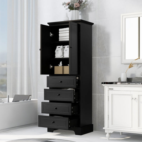 English Elm Storage Cabinet with 2 Doors and 4 Drawers, Slim MDF Organizer with Adjustable Shelf, Anti-Tip Safety Black WF302825AAB