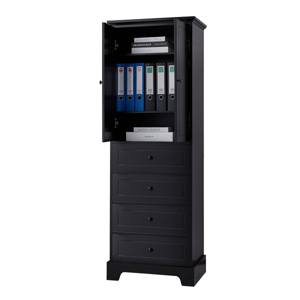 English Elm Storage Cabinet with 2 Doors and 4 Drawers, Slim MDF Organizer with Adjustable Shelf, Anti-Tip Safety Black WF302825AAB