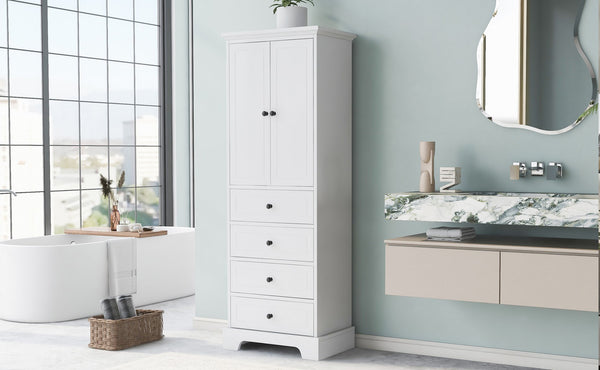 English Elm Storage Cabinet with 2 Doors and 4 Drawers, Slim MDF Organizer with Adjustable Shelf, Anti-Tip Safety White WF302825AAK