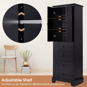 English Elm Storage Cabinet with 2 Doors and 4 Drawers, Slim MDF Organizer with Adjustable Shelf, Anti-Tip Safety Black WF302825AAB