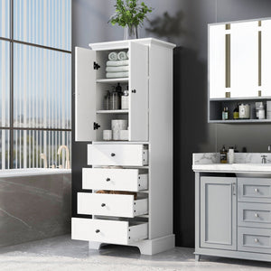 English Elm Storage Cabinet with 2 Doors and 4 Drawers, Slim MDF Organizer with Adjustable Shelf, Anti-Tip Safety White WF302825AAK