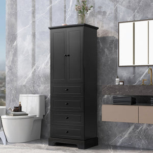 English Elm Storage Cabinet with 2 Doors and 4 Drawers, Slim MDF Organizer with Adjustable Shelf, Anti-Tip Safety Black WF302825AAB
