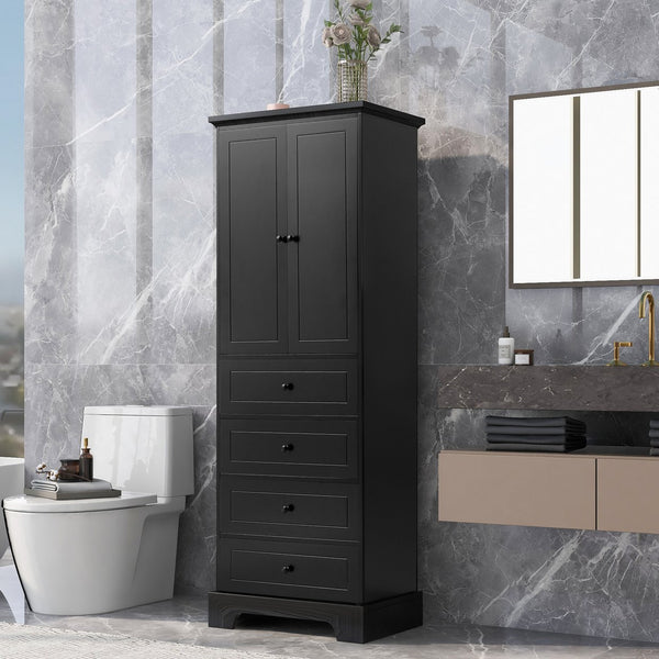 English Elm Storage Cabinet with 2 Doors and 4 Drawers, Slim MDF Organizer with Adjustable Shelf, Anti-Tip Safety Black WF302825AAB