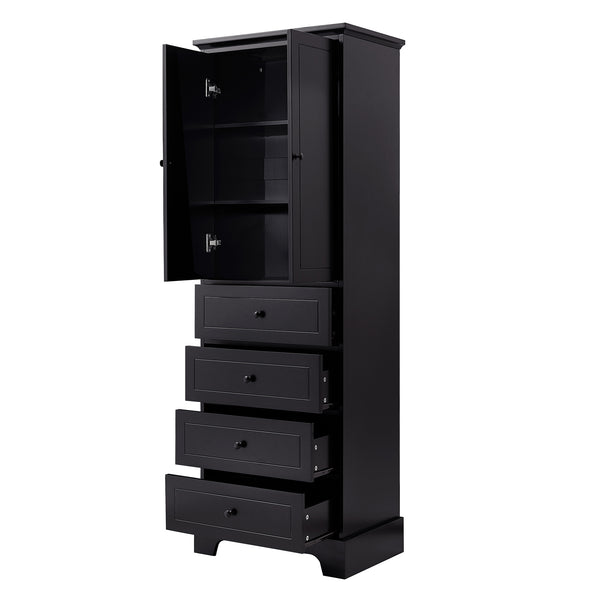 English Elm Storage Cabinet with 2 Doors and 4 Drawers, Slim MDF Organizer with Adjustable Shelf, Anti-Tip Safety Black WF302825AAB