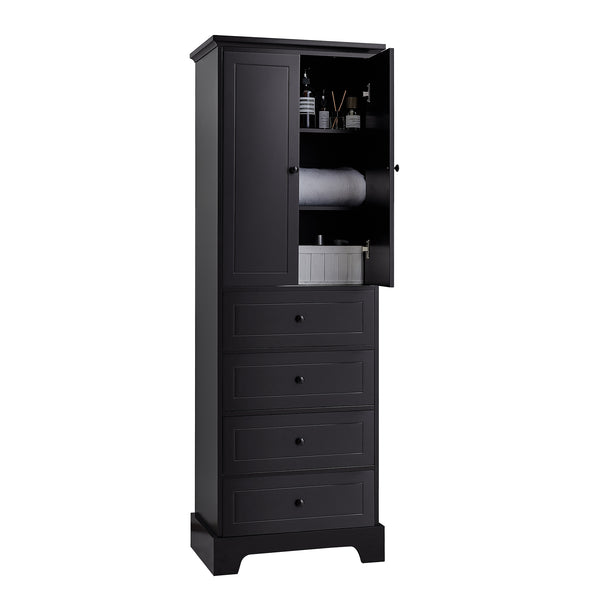 English Elm Storage Cabinet with 2 Doors and 4 Drawers, Slim MDF Organizer with Adjustable Shelf, Anti-Tip Safety Black WF302825AAB