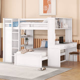Full Size Loft Bed with a Twin Size Stand-Alone Bed, Shelves, Desk, And Wardrobe-White
