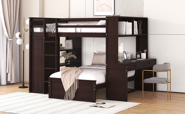 English Elm Full Twin Loft Bed with Desk Wardrobe and Shelving Kids Bedroom Espresso Wood LT000821AAP
