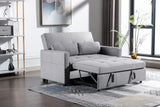 Light Grey Linen Fabric 3-in-1 Convertible Sleeper Loveseat with Side Pocket.