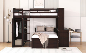 English Elm Full Twin Loft Bed with Desk Wardrobe and Shelving Kids Bedroom Espresso Wood LT000821AAP