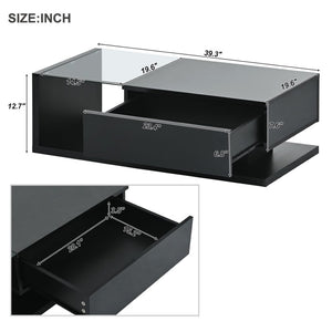 English Elm Modern Two-tier Glass Top Coffee Table with Uv Gloss Finish for Living Room Black WF303936AAB