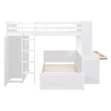 Hearth and Haven Full Size Loft Bed with a Twin Size Stand-Alone Bed, Shelves, Desk, And Wardrobe-White LT000821AAK