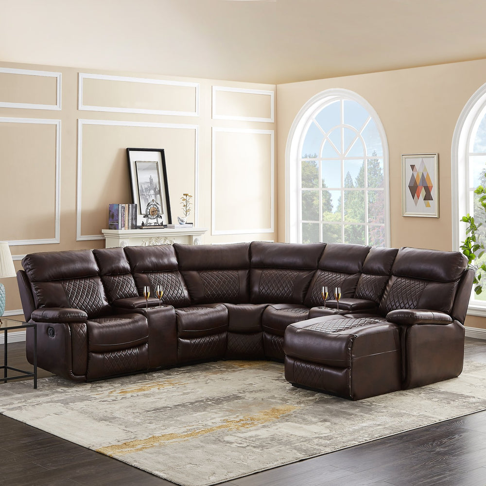 English Elm SECTIONAL 100"x100" Brown 5-Piece Right-Hand Manual Reclining Corner Sofa PU Upholstery, 5-Seater Comfort W223S00524