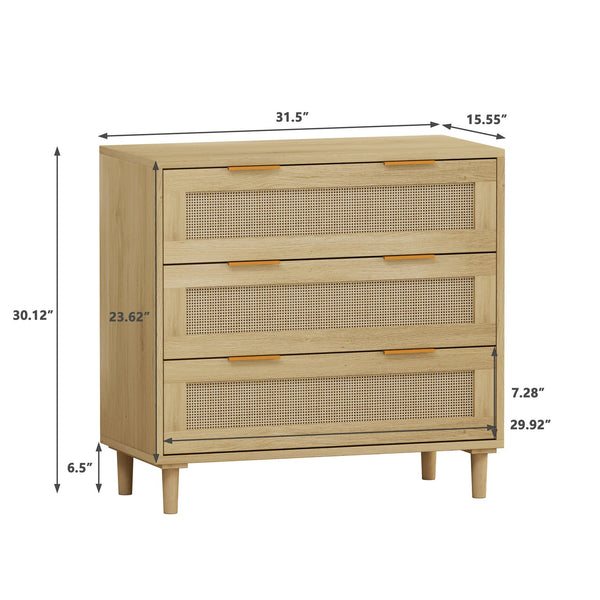 English Elm 3-Drawers Rattan Storage Cabinet Set Of 2 - Stylish Oak Cabinets For Bedroom, Living Room & More! W757S00025