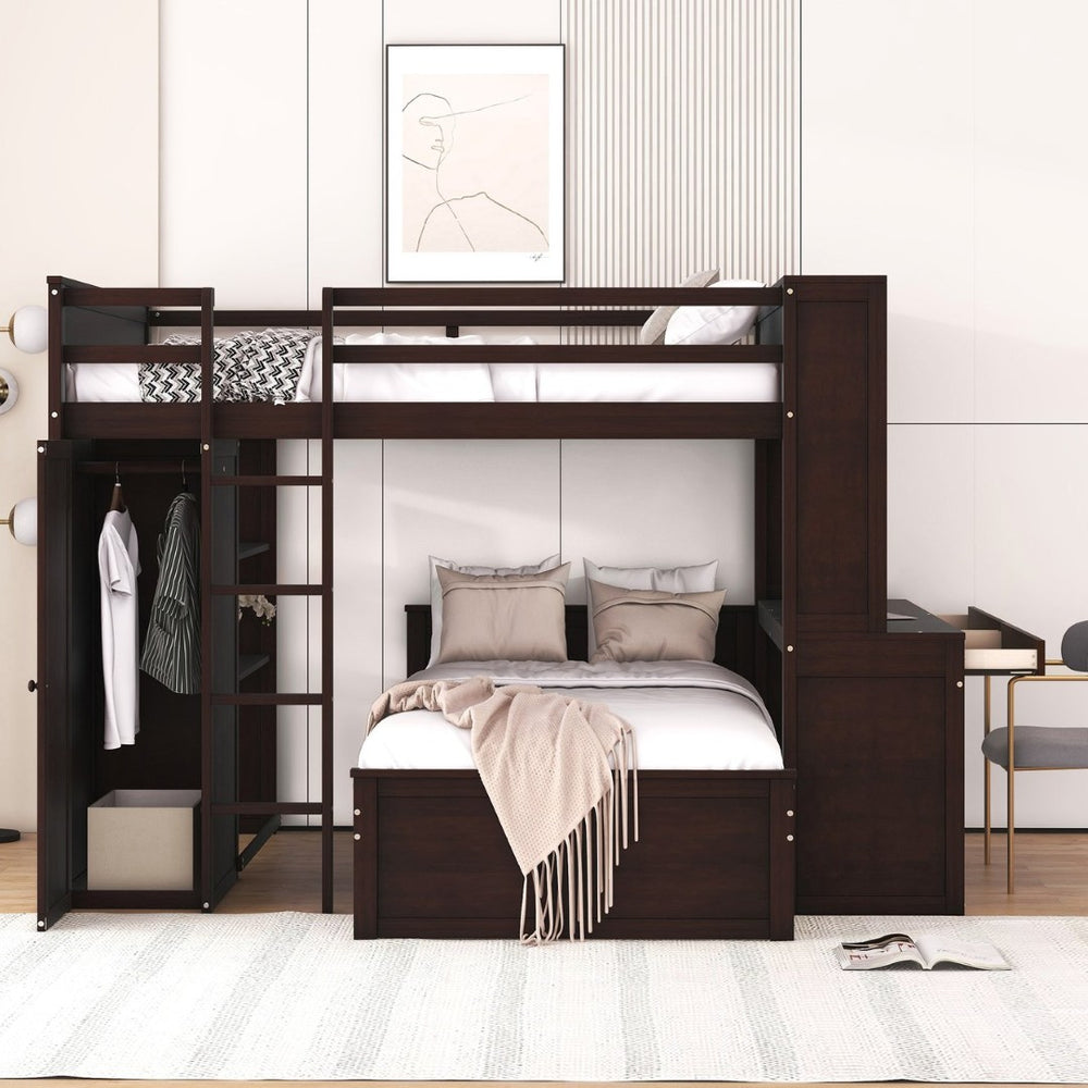 English Elm Full Twin Loft Bed with Desk Wardrobe and Shelving Kids Bedroom Espresso Wood LT000821AAP