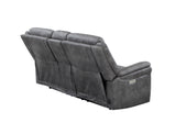 English Elm Steve Silver - Transitional Console Loveseat - Gray Faux-Suede, Power Footrest, Power Headrest - Concealed Cupholders, Built-In Console - Comfortable And Durable Design