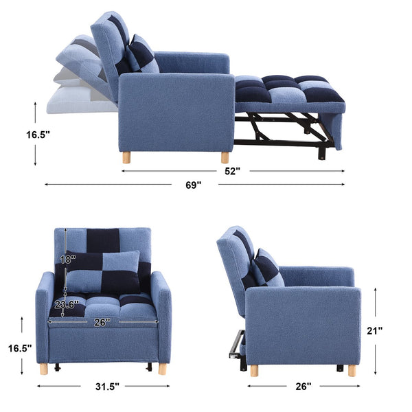 English Elm Convertible Convertible Sleeper Sofa Chair Bed with 3-Position Backrest, Teddy Fabric, Sturdy 330lb Frame Blue W1420110195