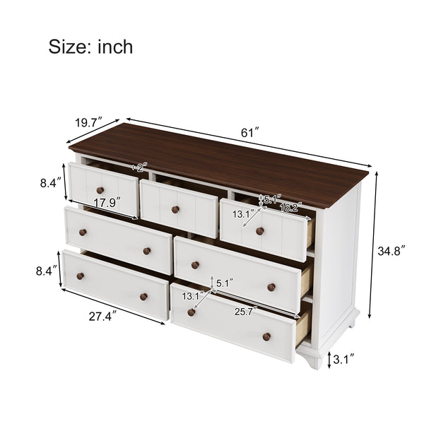 English Elm Wooden Seven-Drawer Dresser White Walnut Finish — Solid Pine Storage Chest for Bedroom & Living Room WF317050AAK