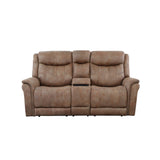 English Elm Steve Silver - Transitional Console Loveseat - Warm Camel Faux-Suede, Power Footrest, Power Headrest - Concealed Cupholders, Built-In Console