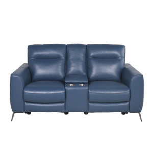 English Elm Steve Silver - High-Leg Console Loveseat - Top-Grain Leather, Dual-Power, Ocean Blue Color - Stowaway Footrest, Flaired Chrome Leg, Motion Furniture Look