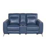 Steve Silver High-Leg Console Loveseat - Top-Grain Leather, Dual-Power, Ocean Blue - Stowaway Footrest, Chrome Leg