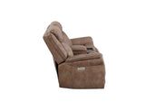 English Elm Steve Silver - Transitional Console Loveseat - Warm Camel Faux-Suede, Power Footrest, Power Headrest - Concealed Cupholders, Built-In Console