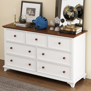 English Elm Wooden Seven-Drawer Dresser White Walnut Finish — Solid Pine Storage Chest for Bedroom & Living Room WF317050AAK