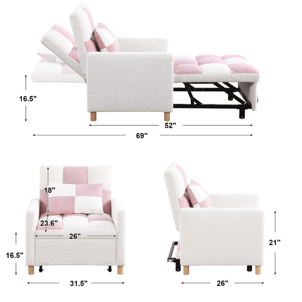 English Elm Convertible Convertible Sleeper Sofa Chair Bed with 3-Position Backrest, Teddy Fabric, Sturdy 330lb Frame Pink+White W1420110192