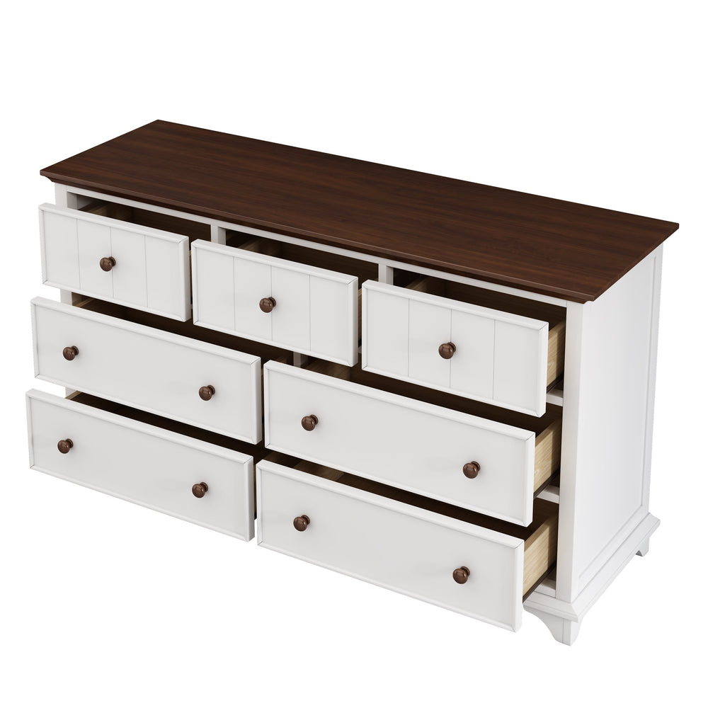 English Elm Wooden Seven-Drawer Dresser White Walnut Finish — Solid Pine Storage Chest for Bedroom & Living Room WF317050AAK
