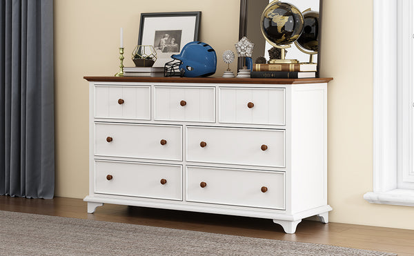 English Elm Wooden Seven-Drawer Dresser White Walnut Finish — Solid Pine Storage Chest for Bedroom & Living Room WF317050AAK