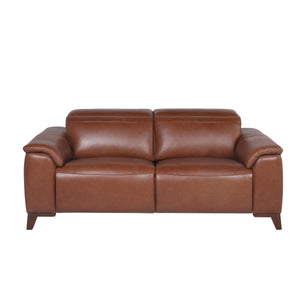 English Elm Steve Silver - Dual-Power Leather Reclining Sofa - Articulating Power Headrest, Padded Armrest - Coach Colored, Luxurious Comfort