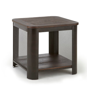 English Elm Steve Silver - Rustic Wire-Brushed End Table- Urban Suburban Style - Wire Mesh, Industrial Wheels, Rustic Wood Effect