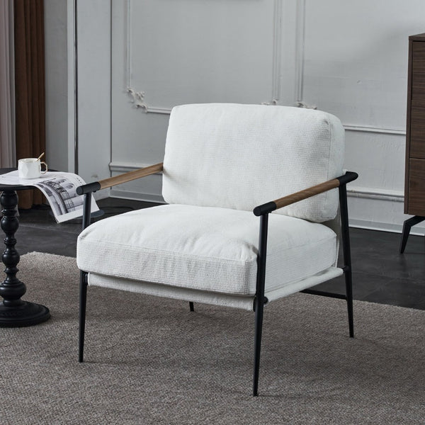 English Elm Leisure Accent Chair Solid Wood Frame Ergonomic Backrest Upholstered Fabric Reading Seat White W1805106266