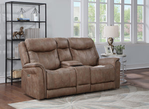 English Elm Steve Silver - Transitional Console Loveseat - Warm Camel Faux-Suede, Power Footrest, Power Headrest - Concealed Cupholders, Built-In Console