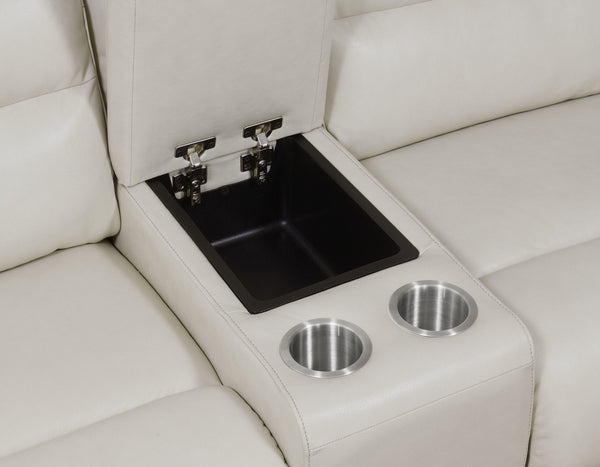 English Elm Steve Silver - Modern Dual-Power Reclining Sofa Ivory with Top-Grain Leather, USB Ports, Channel Back, Power Headrests B081109568