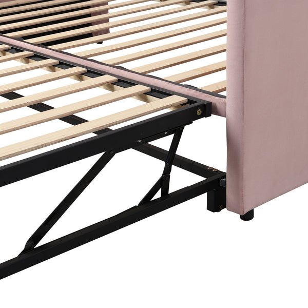 English Elm Twin Upholstered Daybed with Pop-Up Trundle and Slats Kit – Space-Saving Guest Bed with Wheels, Hydraulic Lift, 330lb Capacity Pink SF000005AAH