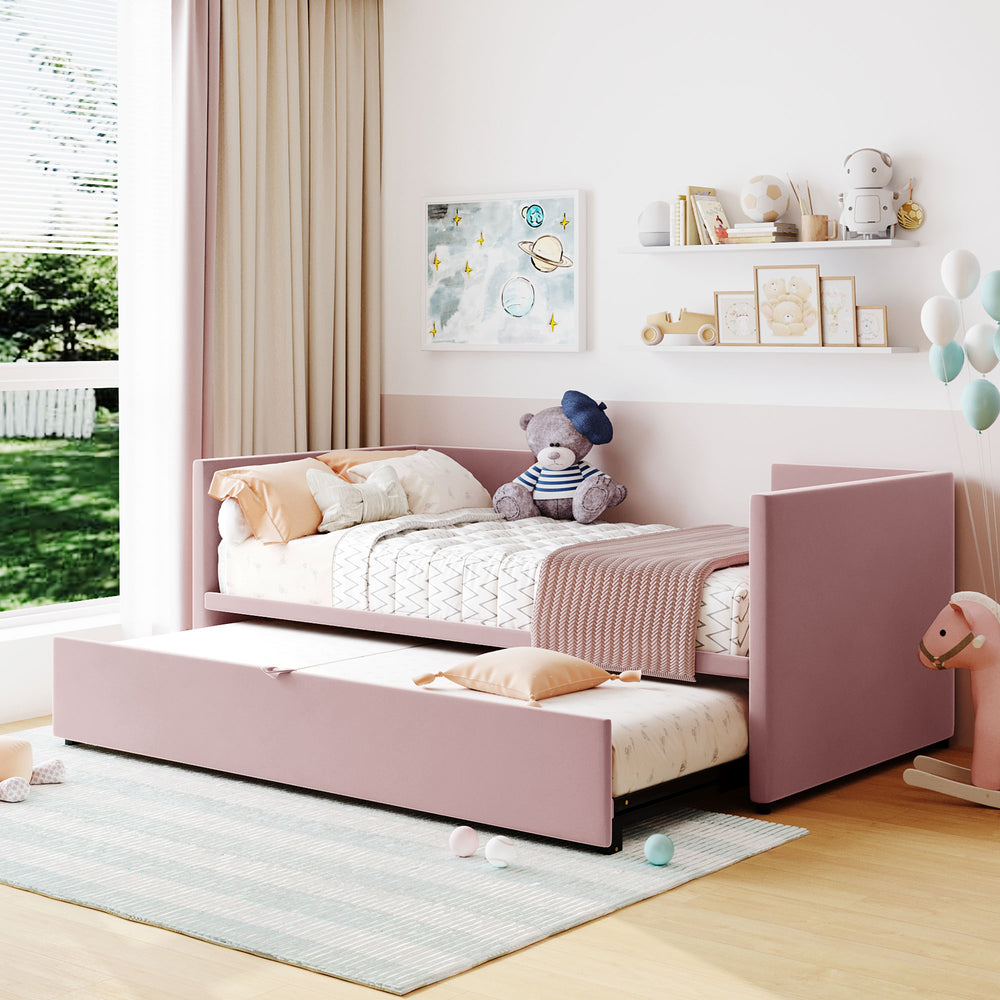 English Elm Twin Upholstered Daybed with Pop-Up Trundle and Slats Kit – Space-Saving Guest Bed with Wheels, Hydraulic Lift, 330lb Capacity Pink SF000005AAH