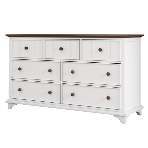 English Elm Wooden Seven-Drawer Dresser White Walnut Finish — Solid Pine Storage Chest for Bedroom & Living Room WF317050AAK