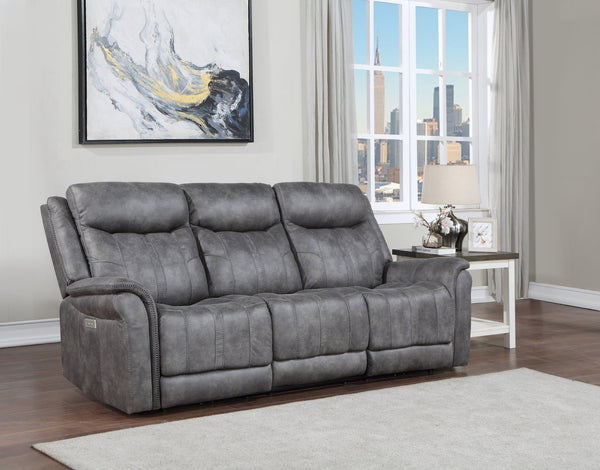 English Elm Steve Silver - Transitional Morrison Power Reclining Sofa in Grey Faux-Suede with USB, Power Headrest & Footrest, Durable Build B081109522