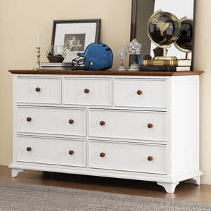 English Elm Wooden Seven-Drawer Dresser White Walnut Finish — Solid Pine Storage Chest for Bedroom & Living Room WF317050AAK