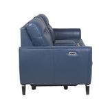 English Elm Steve Silver - High-Leg Console Loveseat - Top-Grain Leather, Dual-Power, Ocean Blue Color - Stowaway Footrest, Flaired Chrome Leg, Motion Furniture Look