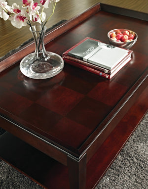 English Elm Steve Silver - Versatile Lift Top Cocktail Table - Hardwood Solids, Birch Veneer, Merlot Cherry Finish - Hidden Storage, Mobility Casters, Bottom Shelf