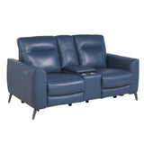 English Elm Steve Silver - High-Leg Console Loveseat - Top-Grain Leather, Dual-Power, Ocean Blue Color - Stowaway Footrest, Flaired Chrome Leg, Motion Furniture Look