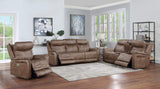 English Elm Steve Silver - Transitional Console Loveseat - Warm Camel Faux-Suede, Power Footrest, Power Headrest - Concealed Cupholders, Built-In Console