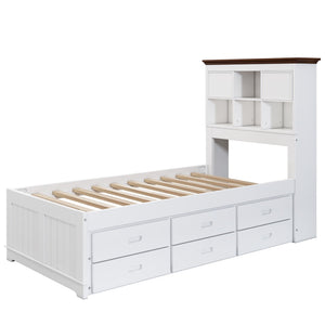 Hearth and Haven Wyatt Captain Bookcase Bed with Trundle, 3 Drawers, Twin, White and Walnut BS305270AAK