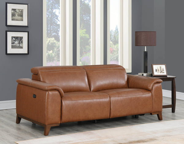 English Elm Steve Silver - Dual-Power Leather Reclining Sofa with Articulating Power Headrests, Padded Armrests, Coach Brown Comfort B081109523