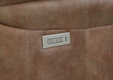 English Elm Steve Silver - Transitional Console Loveseat - Warm Camel Faux-Suede, Power Footrest, Power Headrest - Concealed Cupholders, Built-In Console