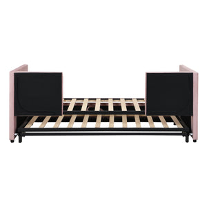 English Elm Twin Upholstered Daybed with Pop-Up Trundle and Slats Kit – Space-Saving Guest Bed with Wheels, Hydraulic Lift, 330lb Capacity Pink SF000005AAH